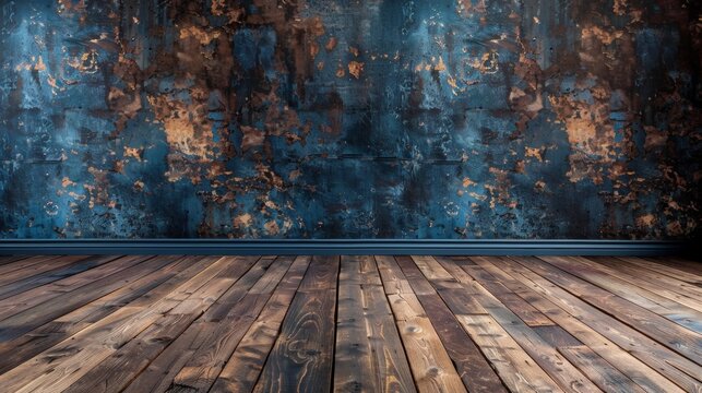 A room with a blue wall and wooden flooring, AI