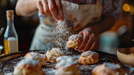 A woman sprinkles sugar flakes onto scones