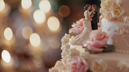 ウエディングケーキに飾られたカップルの置物のクローズ アップ - obrazy, fototapety, plakaty