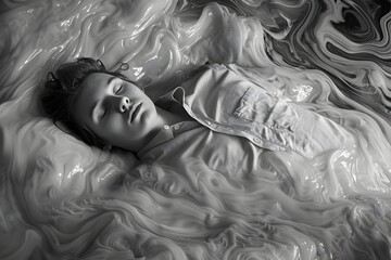 A woman is floating in a pool of white liquid. The image has a surreal and dreamlike quality, as if the woman is in a different world or dimension. The white liquid seems to be a thick