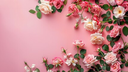ピンクの背景とバラの花 - obrazy, fototapety, plakaty
