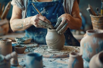 A woman crafting a vase out of clay. Perfect for art and pottery concepts