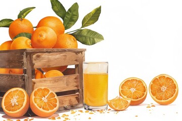 Fresh oranges in a crate with a glass of juice, perfect for food and beverage concepts