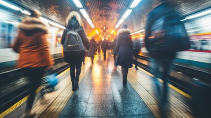 A group of people walking down a subway platform with the train coming, AI