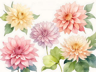 Watercolor painting of two dahlias in shades of red and pink. with green leaves on a white background