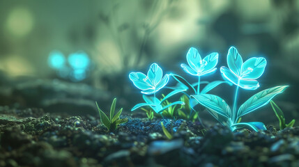 A digital garden blooms in neon blue on a canvas of soft sage, futuristic flora sprouting in the soil of tomorrow's world.