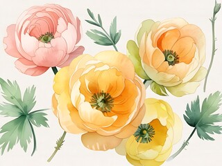 Watercolor painting.Yellow and pink ranunculus inflorescences bloom. Light green leaves with pointed tips on a white background. - obrazy, fototapety, plakaty