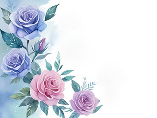 Watercolor painting.Roses in full bloom. Roses in assorted colors including pink, peach and purple on a white background.