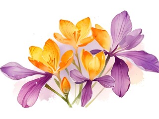 Naklejka premium Watercolor painting.Yellow and purple saffron flowers at various stages The bloom has green leaves and stems. on a white background