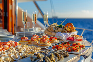 A luxury brunch set up on a yacht, with a table showcasing gourmet foods like lobster eggs benedict, caviar on blinis, champagne flutes, and fresh oysters