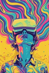 Illustration einer Frau die eine VR Brille trägt, bunte Farbwellen strömen aus ihrem Kopf / der Brille symbolisch für das Erlebnis und die Phantasievolle Erfahrung  - obrazy, fototapety, plakaty