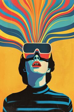 Illustration einer Frau die eine VR Brille trägt, bunte Farbwellen strömen aus ihrem Kopf / der Brille symbolisch für das Erlebnis und die Phantasievolle Erfahrung 