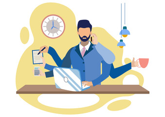 Businessman with six hands multitasking work metaphor. Flat style. Cartoon PNG illustration