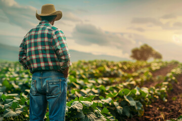 Farmer gazing over his flourishing crops - obrazy, fototapety, plakaty