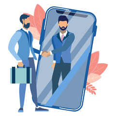 Handshake through smartphone. Business make deal metaphor in minimalistic flat style. Cartoon PNG illustration
