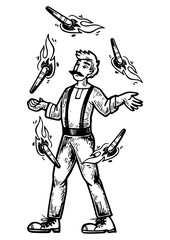 Circus fire juggler performer engraving PNG illustration. Scratch board style imitation. Black and white hand drawn image.