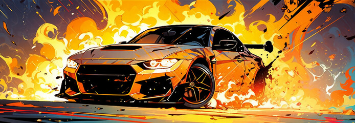 a car is on fire with a bright background and a bright yellow flame behind it is a black car,