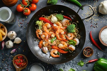 A delicious stir-fry dish with shrimp, broccoli, and assorted vegetables. Perfect for food blogs or...