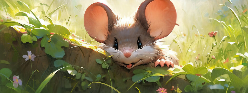 a mouse is peeking out from the grass and flowers in the background, with a pink flower in its mouth