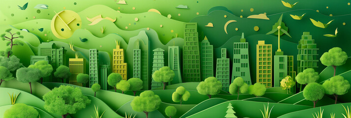 Cityscape with green trees, grass and buildings