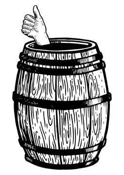 recommend clip art: Thumb up in wine barrel engraving PNG illustration. Scratch board style imitation. Black and white hand drawn image.