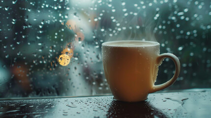A steaming cup of chai tea on a rainy window sill.