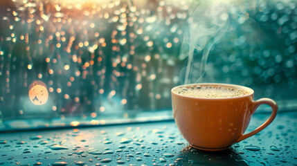 A steaming cup of chai tea on a rainy window sill.