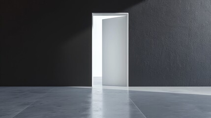 A white door in a black room with sunlight coming through, AI