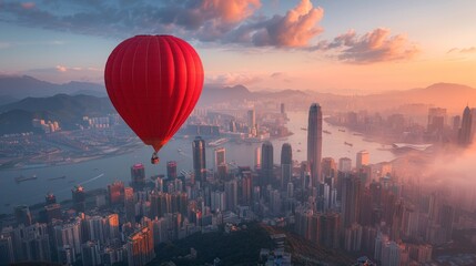 Hot air balloon hovering over bustling city streets - obrazy, fototapety, plakaty