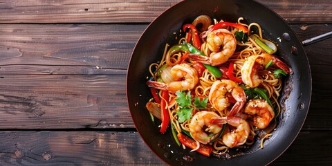 Freshly cooked shrimp and vegetables in a wok, perfect for food blogs or restaurant menus - obrazy, fototapety, plakaty