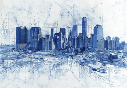 Overlay historical blueprints onto modern cityscapes, showcasing urban planning evolution.