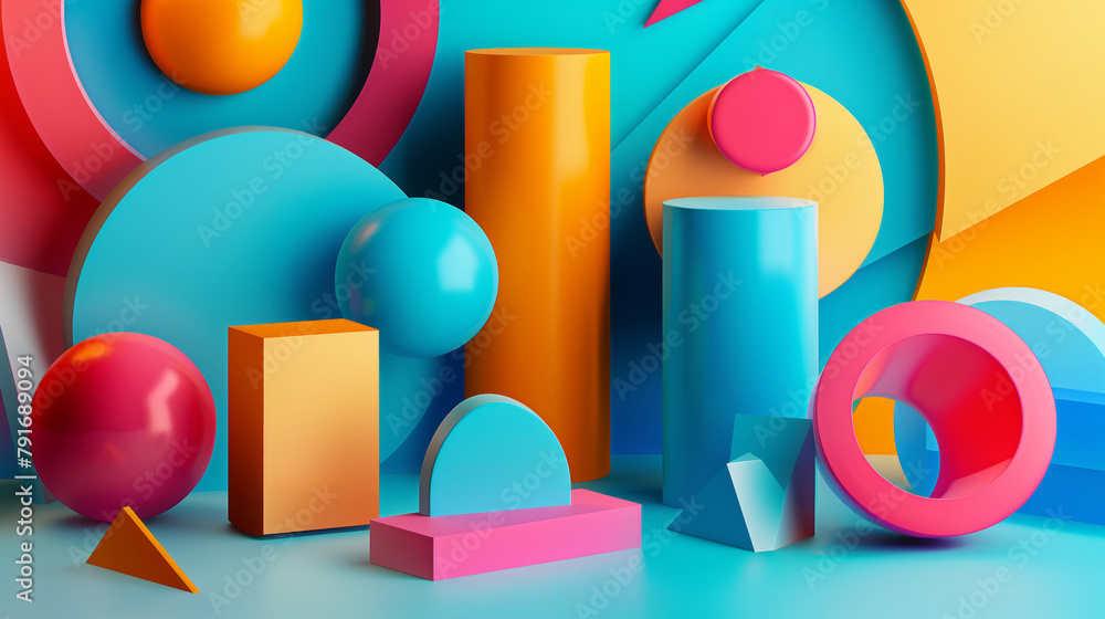 Poster a colorful abstract art piece with various shapes and sizes. a sense of depth and dimension. the col