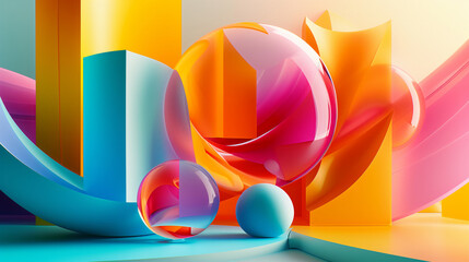 A colorful abstract art piece with various shapes and sizes. a sense of depth and dimension. The colors are bright and vibrant. abstract 3D shapes with vibrant colors positive emotional fee - obrazy, fototapety, plakaty