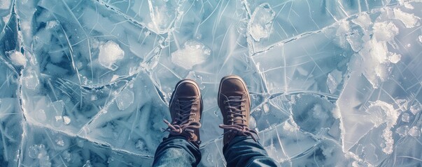 A top view of the legs in shoes on the iced lake - obrazy, fototapety, plakaty
