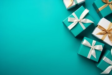 Gift boxes with ribbon on turquoise background, flat lay, banner with copy space for photo text or product, blank empty copyspace - obrazy, fototapety, plakaty
