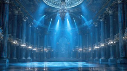 Empty scene, performing stage, hall of renaissance period style, blue background, spotlights shines...