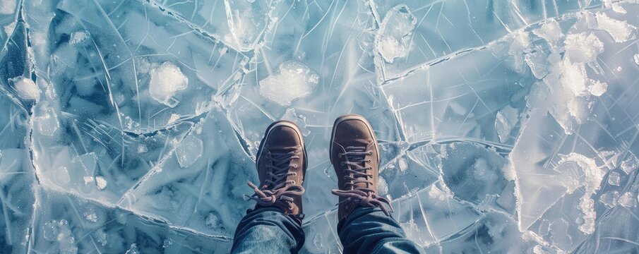 A top view of the legs in shoes on the iced lake