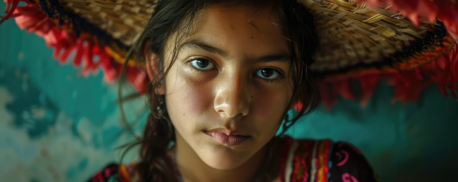A portrait of the young  teeneger with mexican hat on head looking for the camera