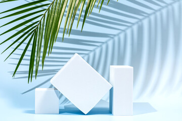 Minimalist product display with palm leaf shadow