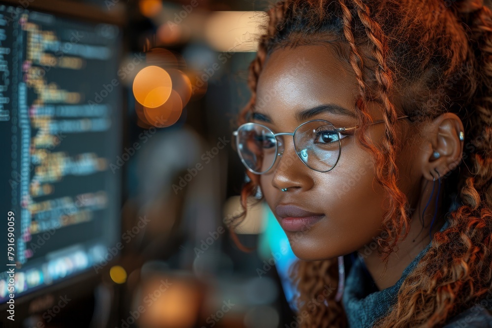 Poster image of a skilled woman programming with dual monitor setup highlighting focus and expertise in tec