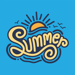 Summer hand drawn typography with beach waves, sun and birds. Summer paradise on ocean blue background. Aloha beach. Summer t shirt design in vintage style. 
