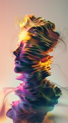 A vibrant digital artwork showcasing a stylized, swirling portrait with iridescent colors