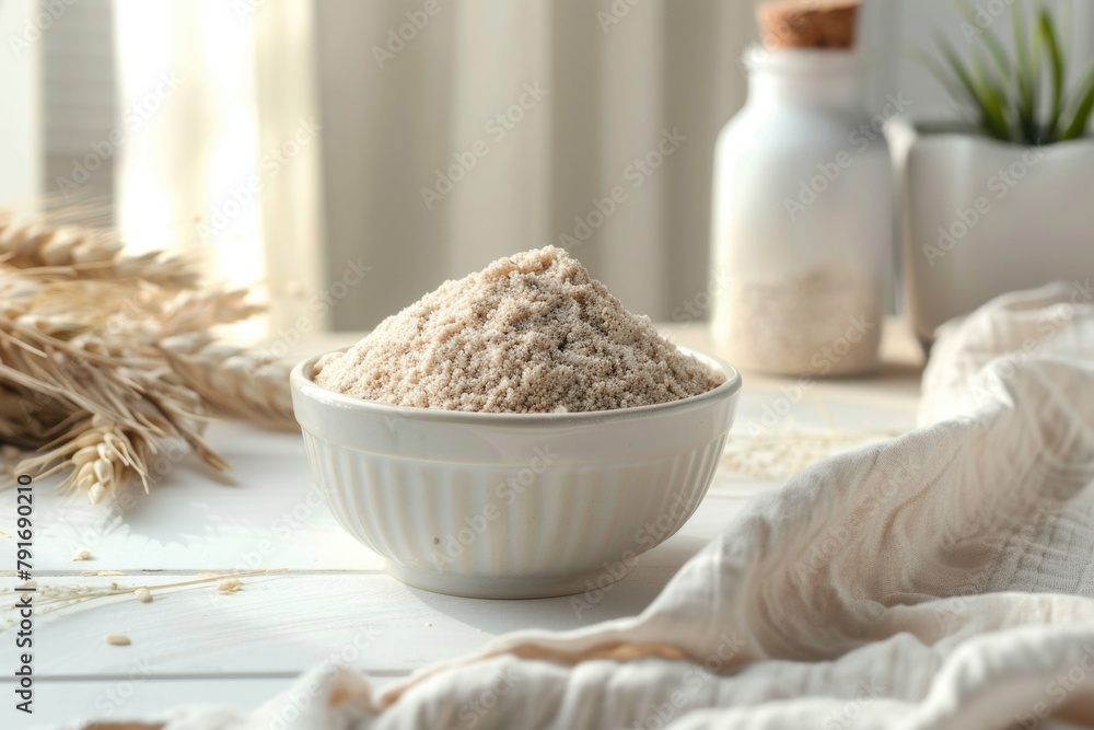 Poster a simple image of a bowl filled with oatmeal on a table, suitable for various projects