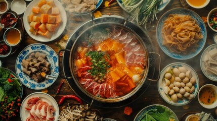 Chinese stew table garnished with a steaming pot of broth