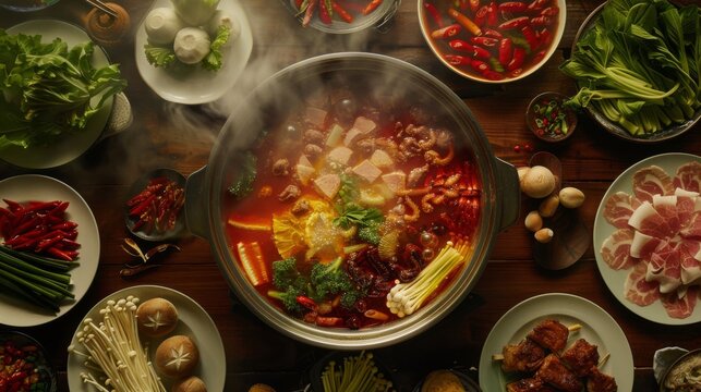 Chinese stew table garnished with a steaming pot of broth