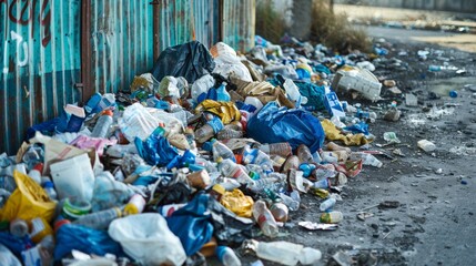 A pile of trash and garbage is piled up next to a wall, AI