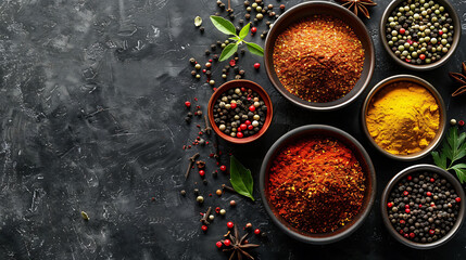 Various spices in a bowls on black concrete background, Top view copy space, hyperrealistic food photography