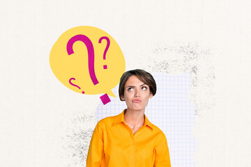 Creative image collage pictrure young thinking minded woman question mark decide trouble textbox...