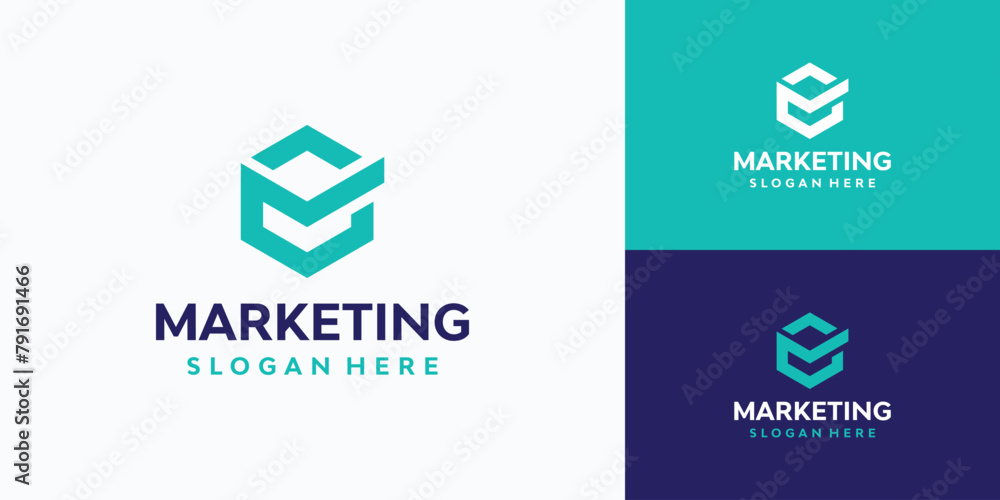Poster vector logo design of the initials of the letter m and a check mark in a hexagon shape in a modern, 