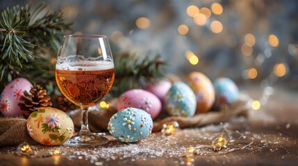 A glass of beer is sitting next to easter eggs and pine cones, AI